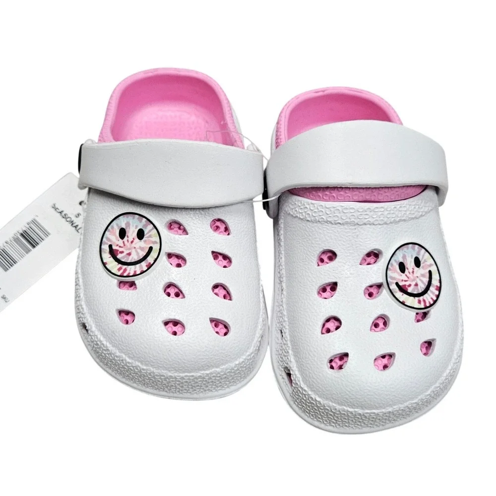 Seasonal Clogs Toddler Size 6 White Pink Smiley Face Charm Slip On Summer Shoes